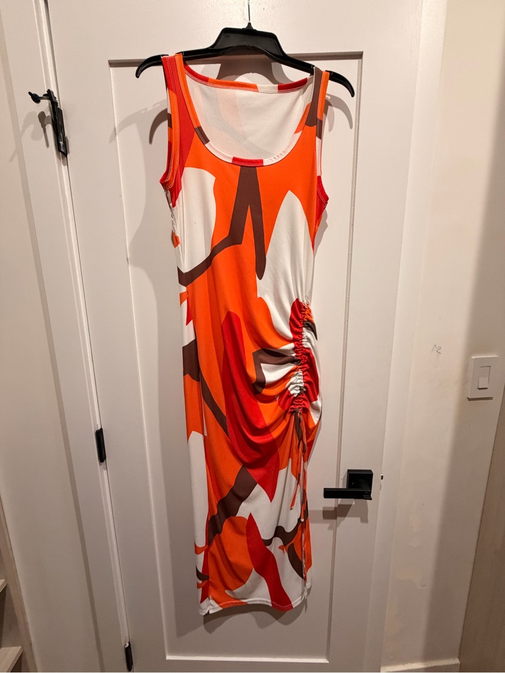 Sleeveless Orange Abstract Print Ruched Midi Dress